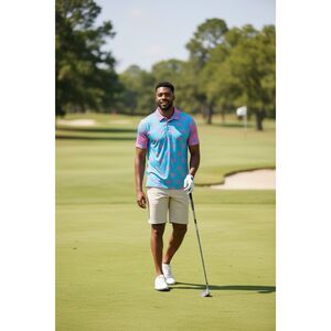 Chubbies Palm Tree Print Performance Golf Polo Shirt Mens Large Pink Blue